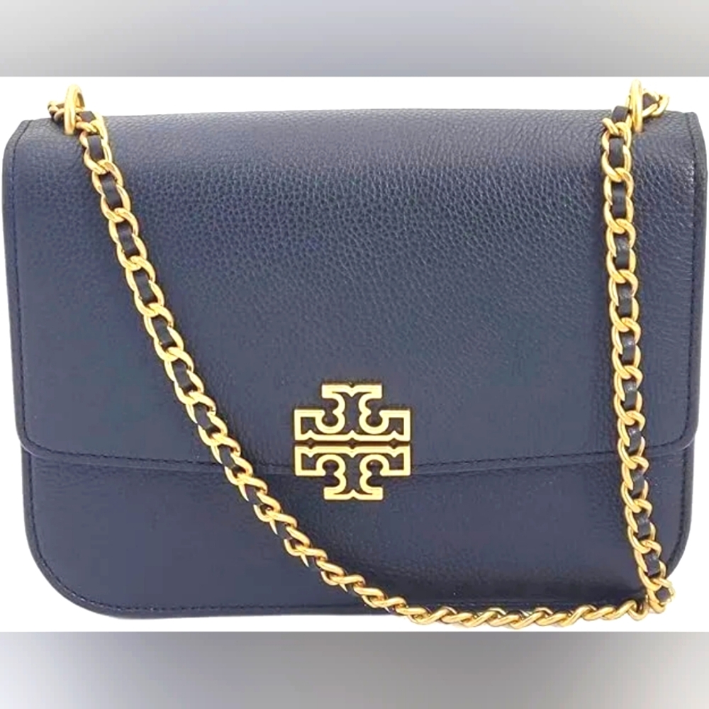 Tory Burch 138724 Britten Pebbled Black Leather With Gold Hardware Medium Women'